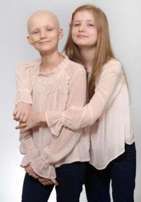 英国女童梅根（右）近期出现癌症病征，实际患癌的却是健康活泼的同卵姐妹索菲（左）。