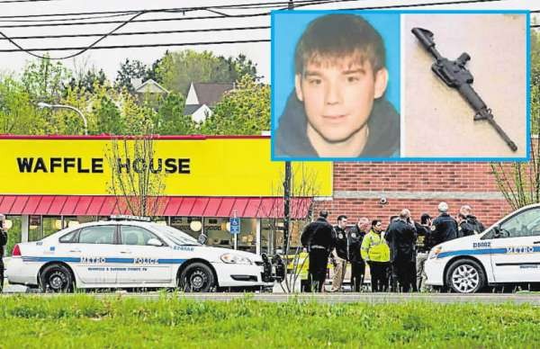 美国田纳西州一家华夫饼店周日凌晨发生枪击案，警方到场展开调查。小图为遭通缉的白人枪手伦金及其使用的AR-15步枪。（欧新社）