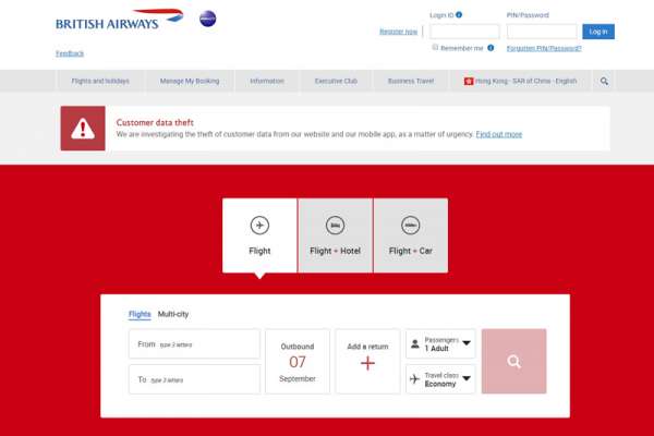 英国航空于网站发出通告，通知用户资料外泄，并指正调查事件。（英航网站）