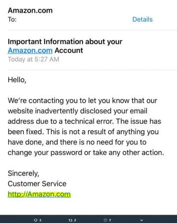 有网友发现，在亚马逊寄来的邮件签名档中，该公司网站连结标示是不安全连结“http”而不是加密连结的“https”。（图撷取自推特/A.C. Junior）