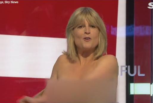 英国保守党议员约翰逊的妹妹蕾切尔电视直播节目中，突然当众脱掉衣服的连续画面。