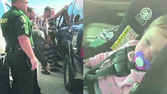 当1岁女童达拉斯（右）被反锁车内时，附近的服刑囚犯决定使出“犯罪技巧”来救人。