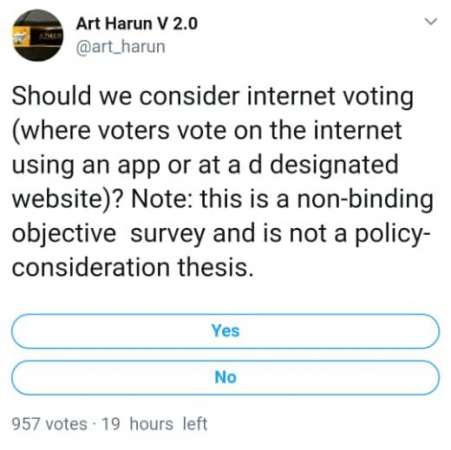阿兹哈在推特上邀请网民表决是否要网上投票。