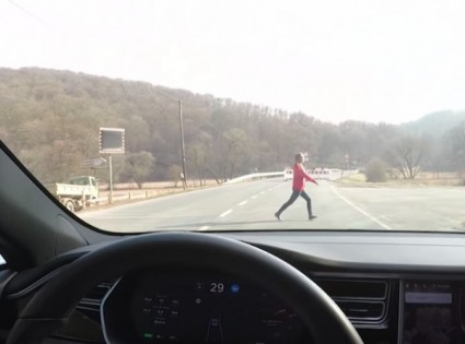 网红测试Tesla自驾辅助系统，是否会看到人从车子前方跑过去而停下。