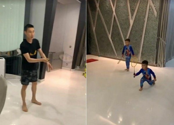 李宗伟在家里和两名儿子打羽毛球的视频在社交媒体热传。 