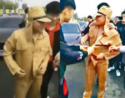 一名新郎（中）星期三在郑州迎亲途中，被友人强迫穿上二战日式军服再上传视频。