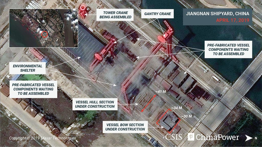 CSIS的4月卫星照片显示上海江南造船厂正兴建第三艘航母。