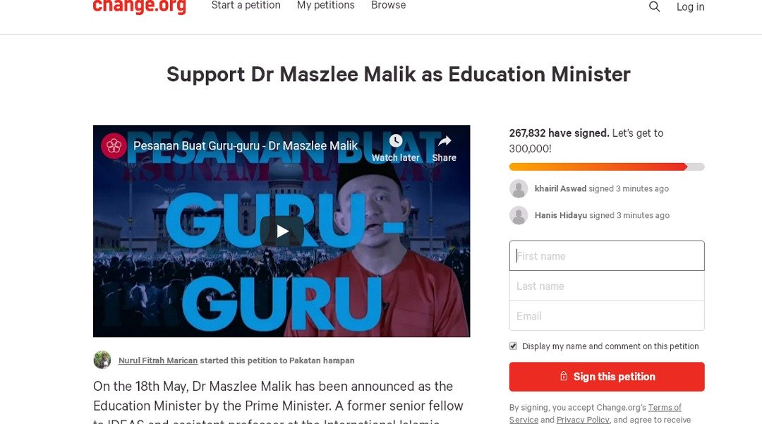 约1年前开设的“支持马智礼博士担任教育部长”联署诉求，最近陆续获得签名，截至周二凌晨12时共收集到超过26万人的签名。