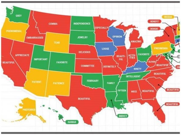 谷歌制作最多美国人不懂拼写单字的统计地图。