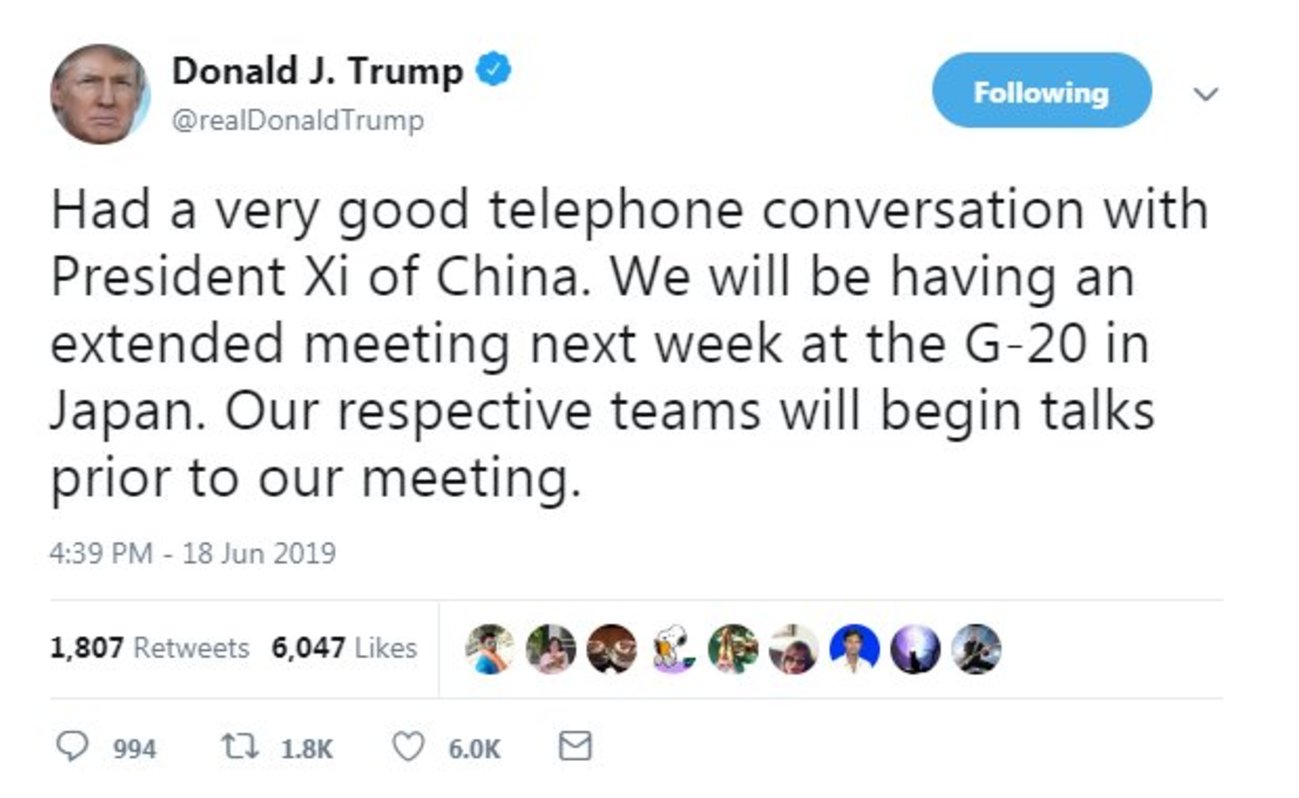 特朗普在推特表示与习近平通过电话交谈。