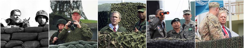 里根（左起）、克林顿、小布什、奥巴马和特朗普都曾到访非军事区瞭望台。（欧新社）