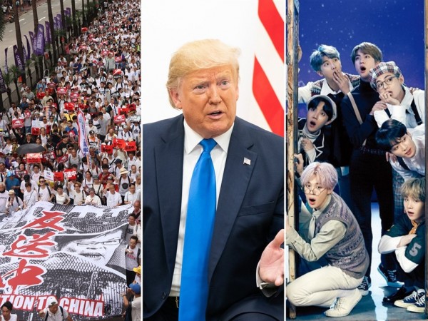 美国《时代》杂志公布2019年25位最具影响力的网络人物，包括香港反送中示威者（左起）、特朗普与防弹少年团。