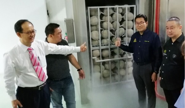 沈志勤（右二）在马来猫山王（中国）有限公司董事长林金泰（左）等人的率领下参观冷冻技术。右为该公司执行长李绍宁。