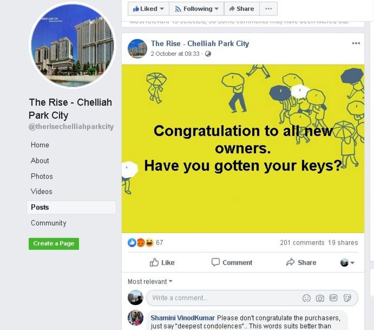 The Rise - Chelliah Park City 的面簿专页于10月2日发出贴文，写道“恭喜所有的屋主，你们都获得钥匙了吗？”