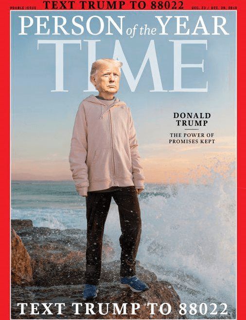 特朗普竞选团队用《时代》年度风云人物、瑞典环保少女桑伯格的照片，改换成特朗普的头像，配文说：就到竞选承诺，今年只有一个年度人物。
