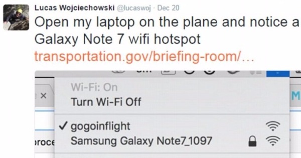 沃伊切霍夫斯基表示机上出现Note7的wifi热点。（互联网图片）