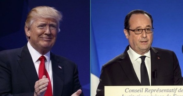 奥朗德（右）回应美国总统特朗普（左）日前对法国的负面评论，批评特朗普不识大体。（网络图）