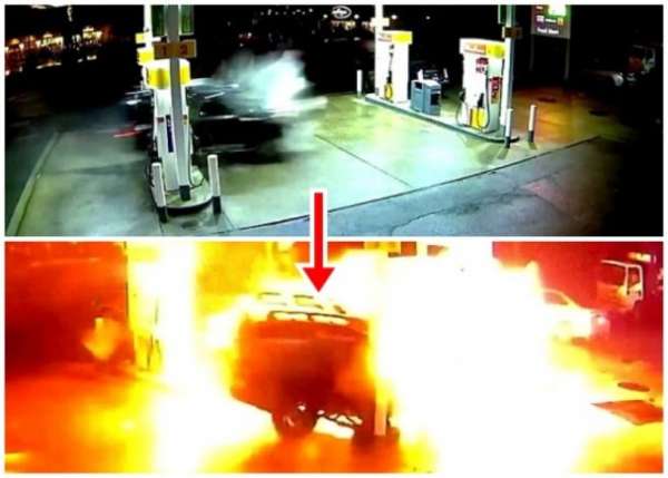 汽车撞向油泵，冒起熊熊火光。（互联网图片）