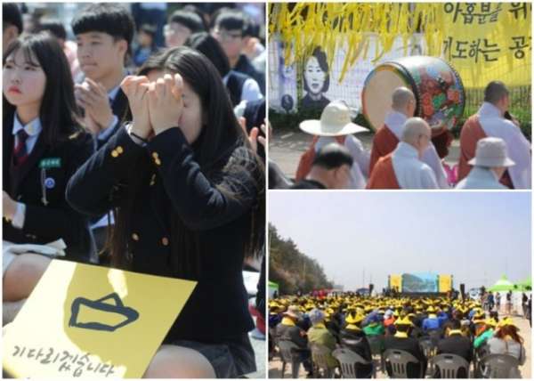 韩国各地亦有悼念世越号死者的活动，有学生不禁掩脸垂泪（左图）。（互联网图片）