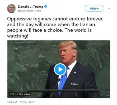 特朗普在推特贴出2段他于9月向联合国大会发表演说的影片，他将矛头指向伊朗政权，伊朗曾被华盛顿当局视为中东地区的头号对手。（网络图）