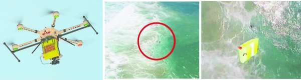 无人机向两名遇险游泳者（红圈）投下充气“拯救棒”。