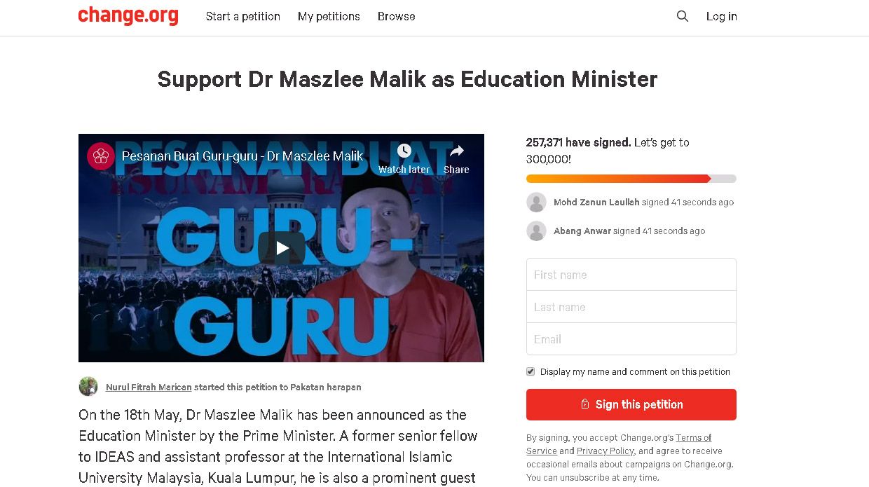 约1年前开设的“支持马智礼博士担任教育部长”联署诉求，最近陆续获得签名，截至周一晚9时共收集到超过25万人的签名。 