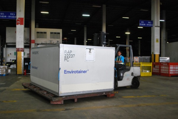 首批出口至中国的冷冻带壳榴梿放入Envirotainers温度控制集装箱，保持零下18度。  