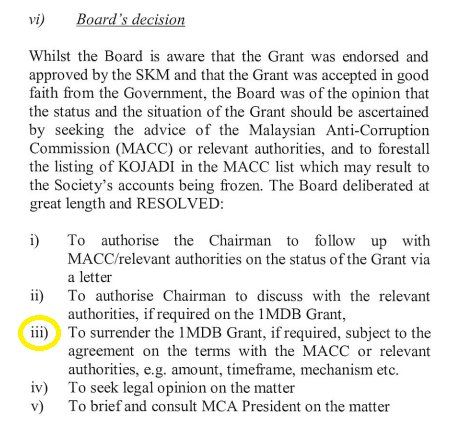 黄炳火出示自立合作社在6月27日的董事会议记录，指记录第(iii)项说明，在有必要下，交出1MDB拨款，唯需依据与反贪会所同意的条件。