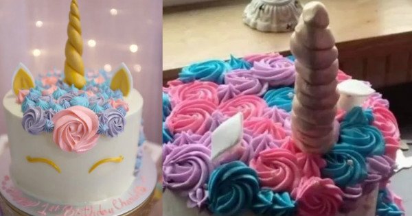 妈妈亚历山德拉对比独角兽蛋糕的广告照片（左）和真实模样。