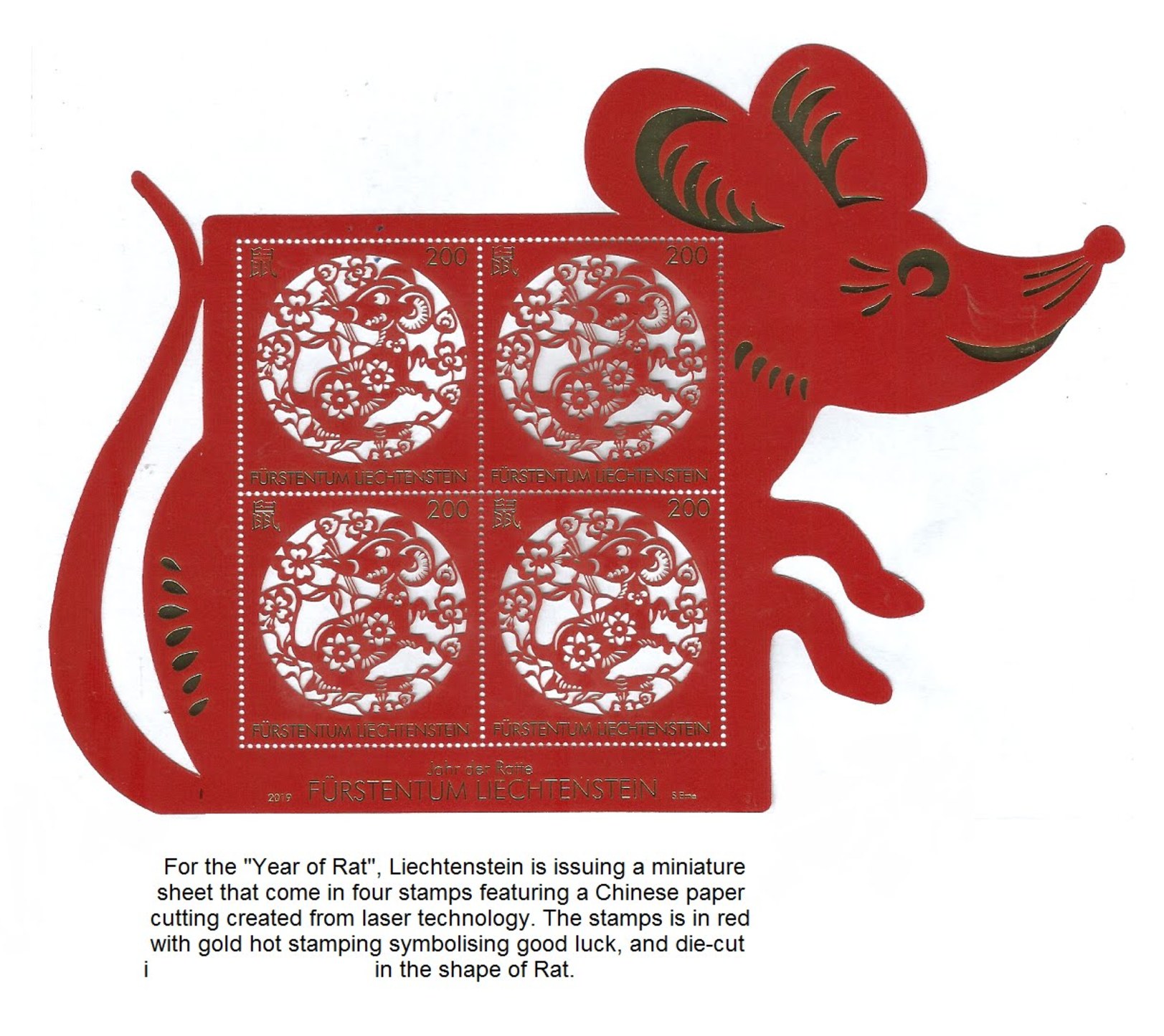列支敦士登去年发行的鼠年邮票以中国剪纸为造型，是卢家添最爱的老鼠邮票之一。