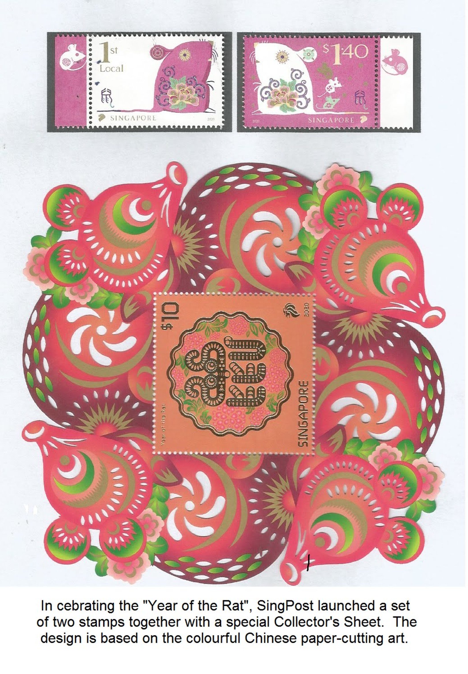 新加坡邮政局发行的鼠年邮票珍藏版，以彩色的中国剪纸为造型。
