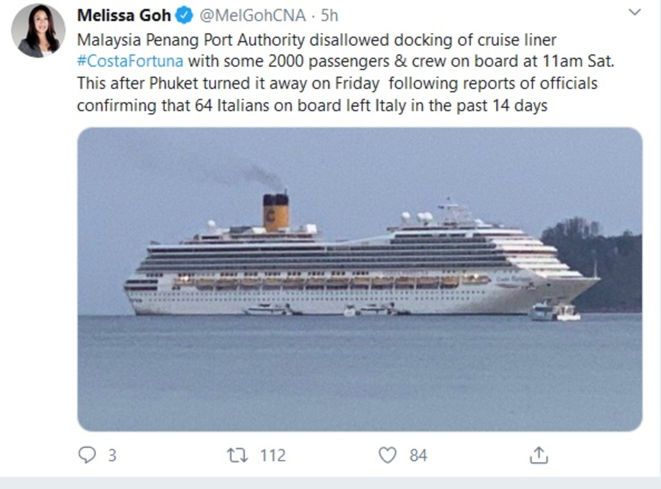 亚洲新闻台（CNA）驻马办事处主任Melissa Goh在推特指出，“幸运号”（Costa Fortuna）邮轮被禁停泊在槟岛城瑞典咸码头。