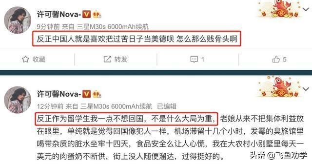 许可馨在微博上批评中国人“贱骨头”，并表示自己不想回国，遭网友炮轰。