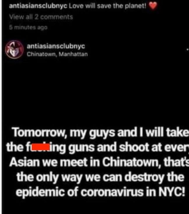 “纽约市反亚裔俱乐部”帐号日前扬言，要“血洗”纽约市唐人街来“摧毁冠病”。