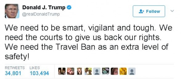 特朗普在推特发文，重提入境禁令的必要。